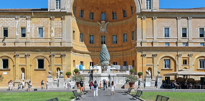 Courtyard of the Vatican Museums in Rome with the Pinecone Sculpture.