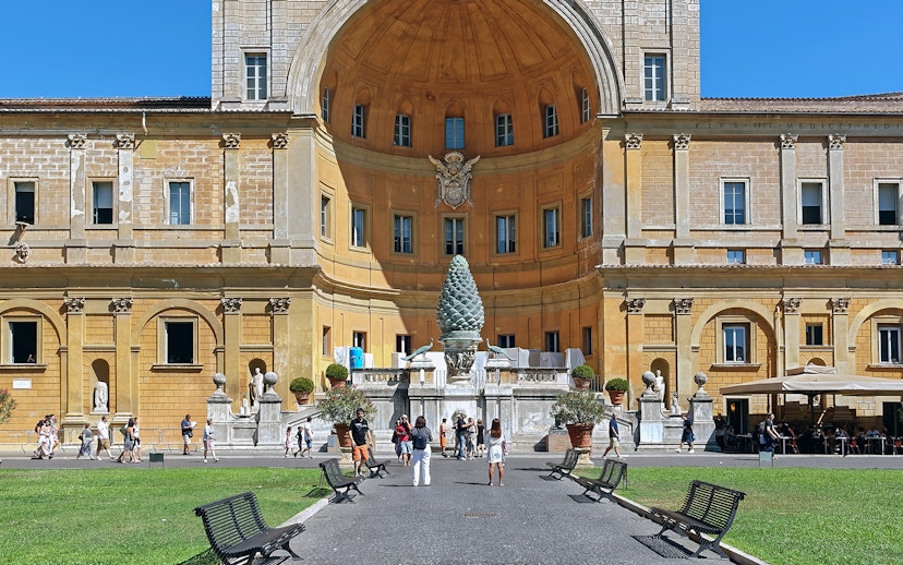 Courtyard of the Vatican Museums in Rome with the Pinecone Sculpture.