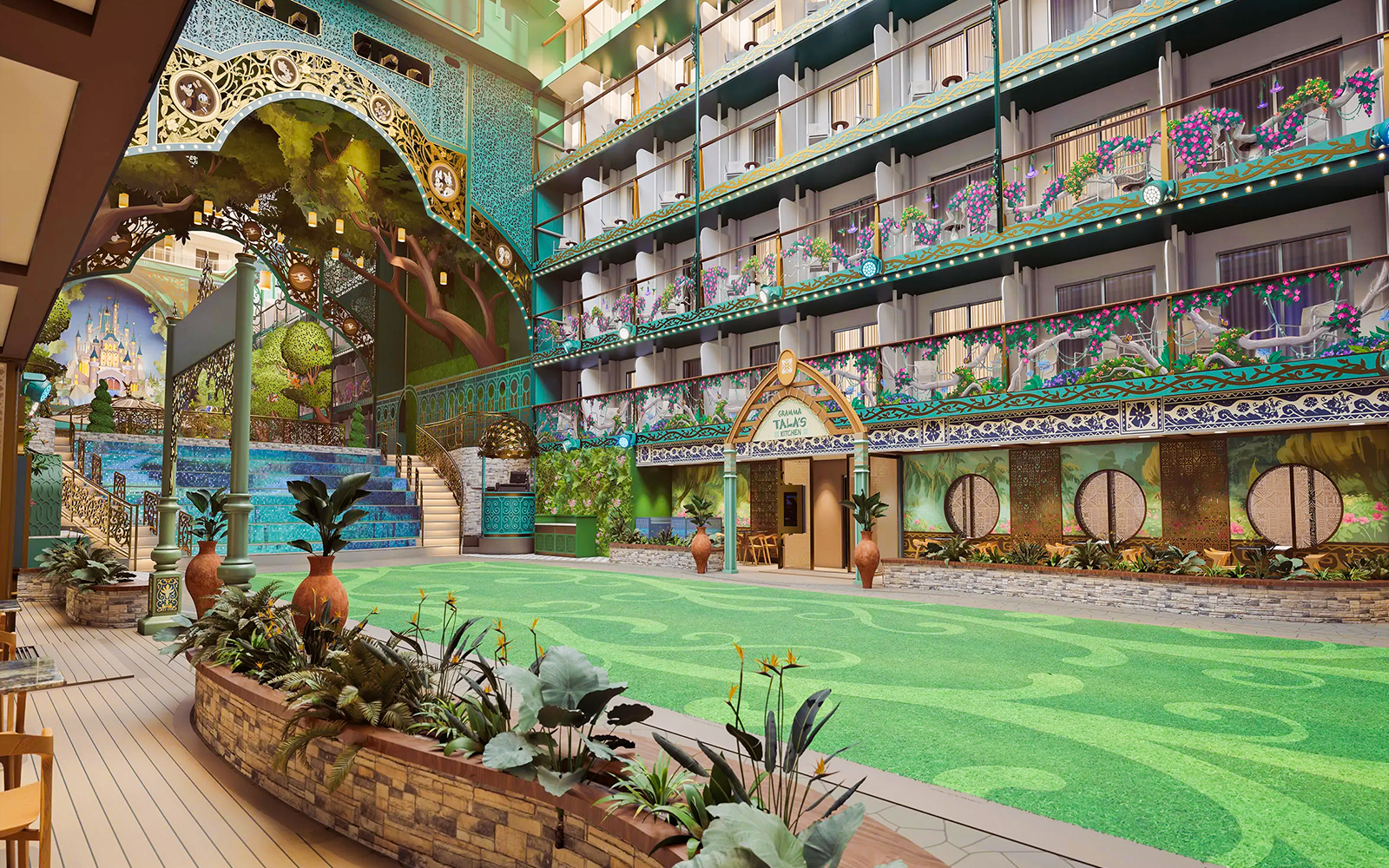 Disney Imagination Garden atrium with vibrant murals and lush greenery on Disney Adventure Cruise.