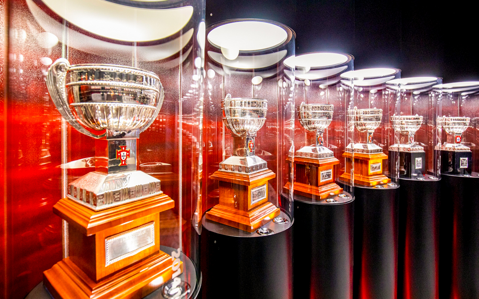 Trophy display at Benfica Stadium Museum in Lisbon, Portugal.