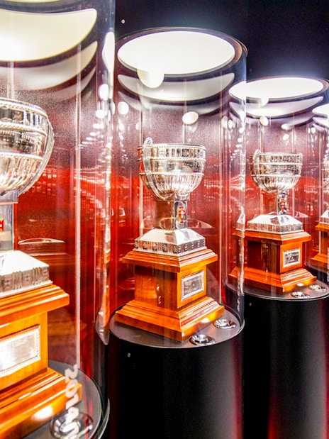 Trophy display at Benfica Stadium Museum in Lisbon, Portugal.