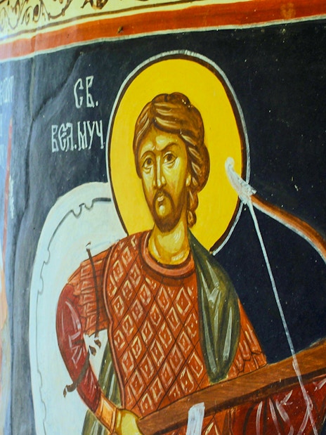 Fresco of a saint with a bow at Kom Monastery, Lake Skadar.