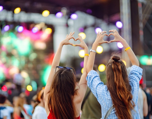 Fans making heart shapes with hands at a concert.