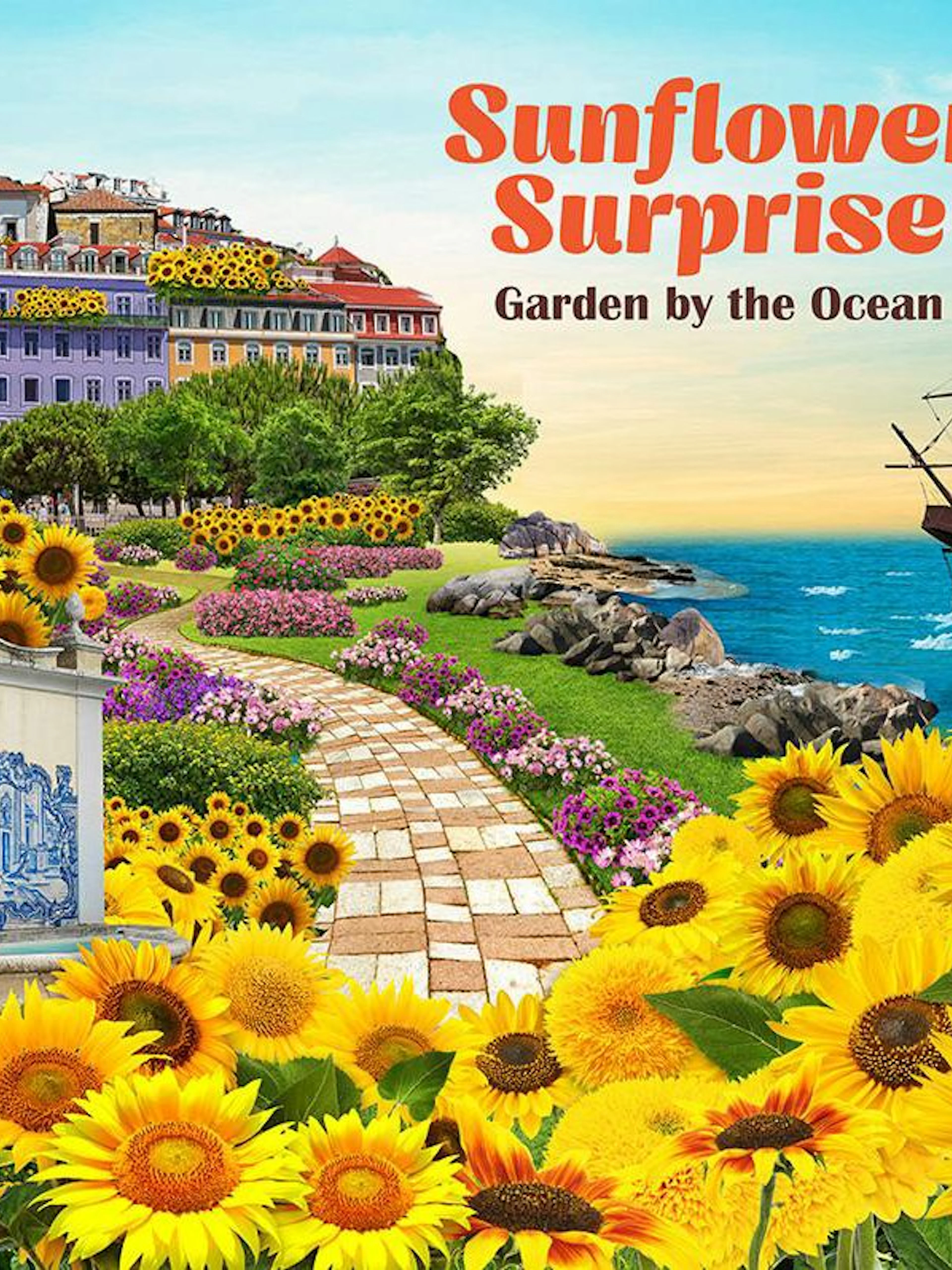 Sunflower garden by the ocean with historic ship and colorful hillside village.
