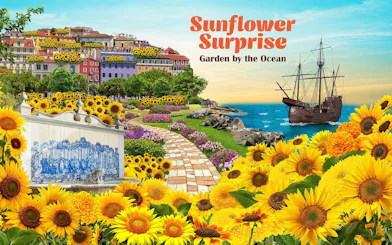 Sunflower garden by the ocean with historic ship and colorful hillside village.