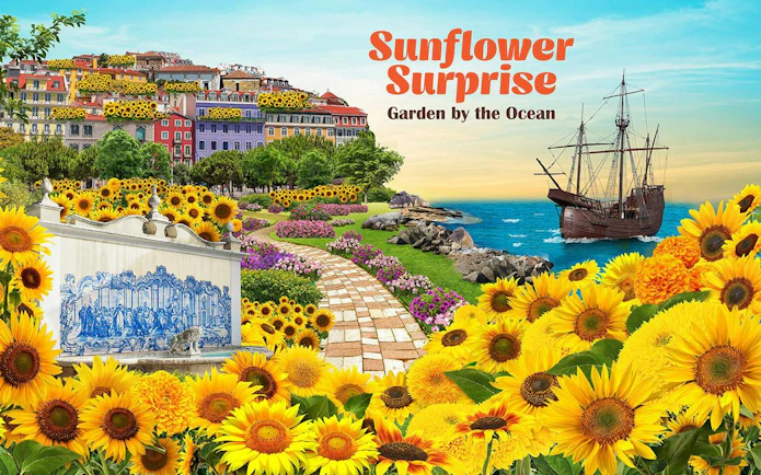 Sunflower garden by the ocean with historic ship and colorful hillside village.