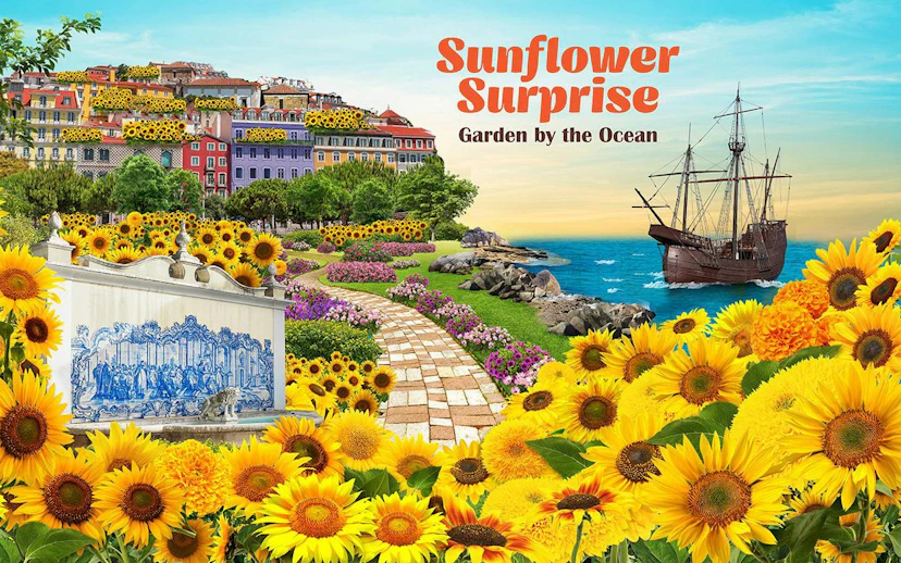 Sunflower garden by the ocean with historic ship and colorful hillside village.