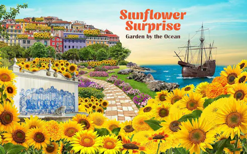 Sunflower garden by the ocean with historic ship and colorful hillside village.