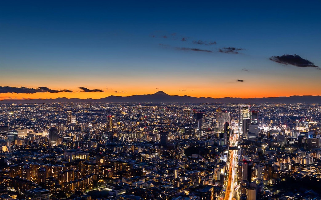 Tokyo skyline at sunset from Roppongi Hills Observation Deck, with Mount Fuji in the distance.