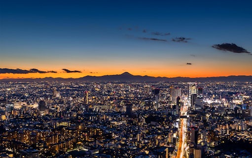Tokyo skyline at sunset from Roppongi Hills Observation Deck, with Mount Fuji in the distance.
