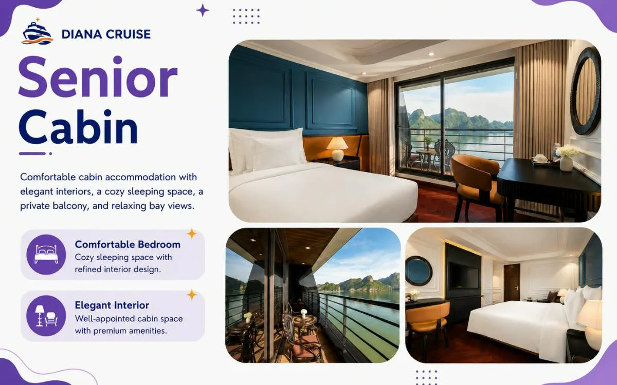 Senior cabin with private balcony and bay view on Ha Long & Lan Ha Bay luxury cruise.