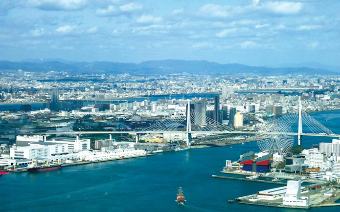 Aerial view of Osaka cityscape with Sakishima Observatory and Ferris wheel.