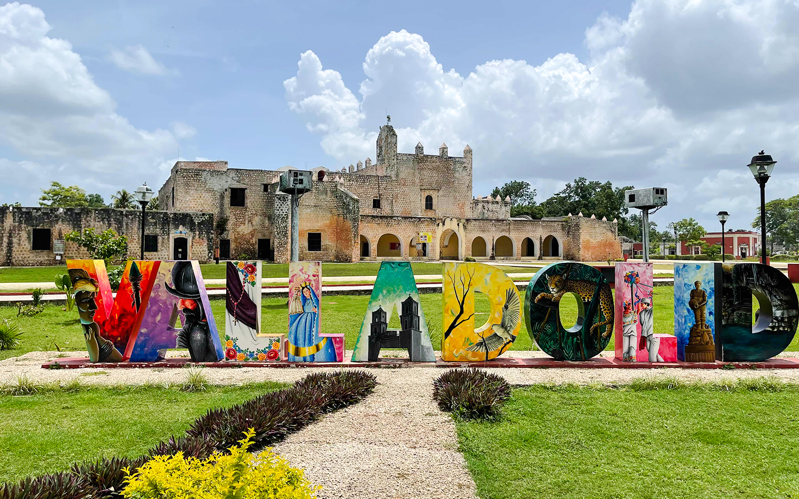 Valladolid sign in front of Convento de San Bernardino de Siena, Valladolid, Yucatán, Mexico.
