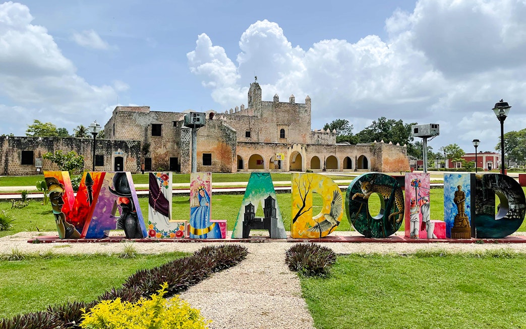 Valladolid sign in front of Convento de San Bernardino de Siena, Valladolid, Yucatán, Mexico.