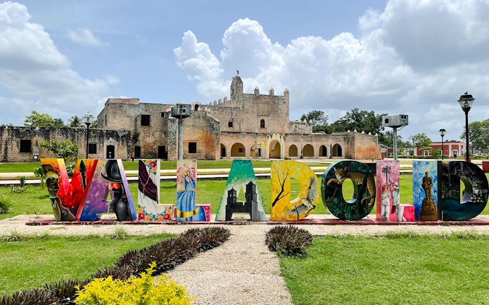 Valladolid sign in front of Convento de San Bernardino de Siena, Valladolid, Yucatán, Mexico.