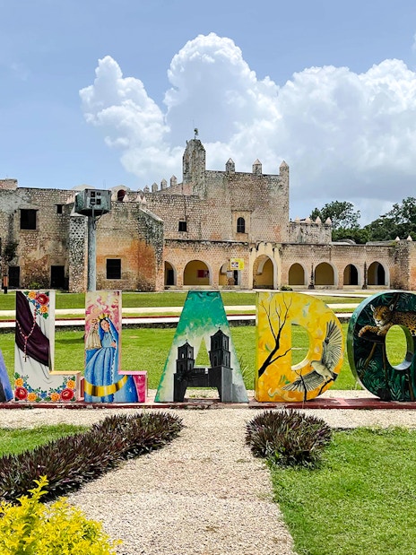 Valladolid sign in front of Convento de San Bernardino de Siena, Valladolid, Yucatán, Mexico.