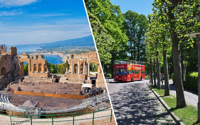Taormina Ancient Theatre with coastal view and red shuttle bus on tree-lined street.