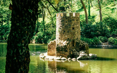 Stone tower in a pond surrounded by lush greenery in Sintra, Portugal.