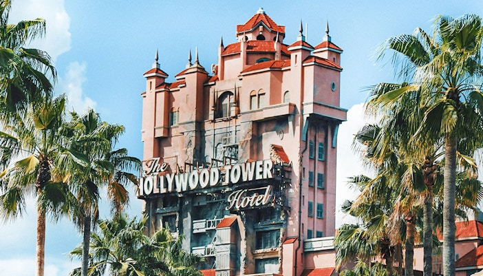 Hollywood Tower at Disney's Hollywood Studios, Walt Disney Resort Orlando, surrounded by palm trees.