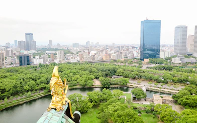 View from Osaka Castle over cityscape and lush greenery.