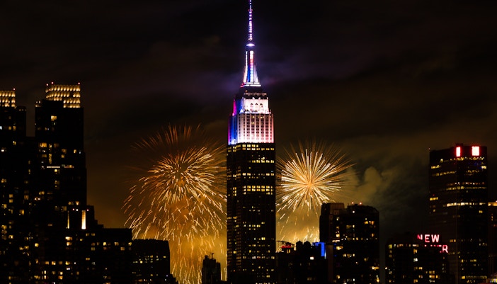 Fireworks display behind the Empire State Building in New York City.