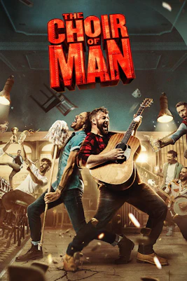 Choir of Man performers with guitar and mop on stage, Sydney musical.