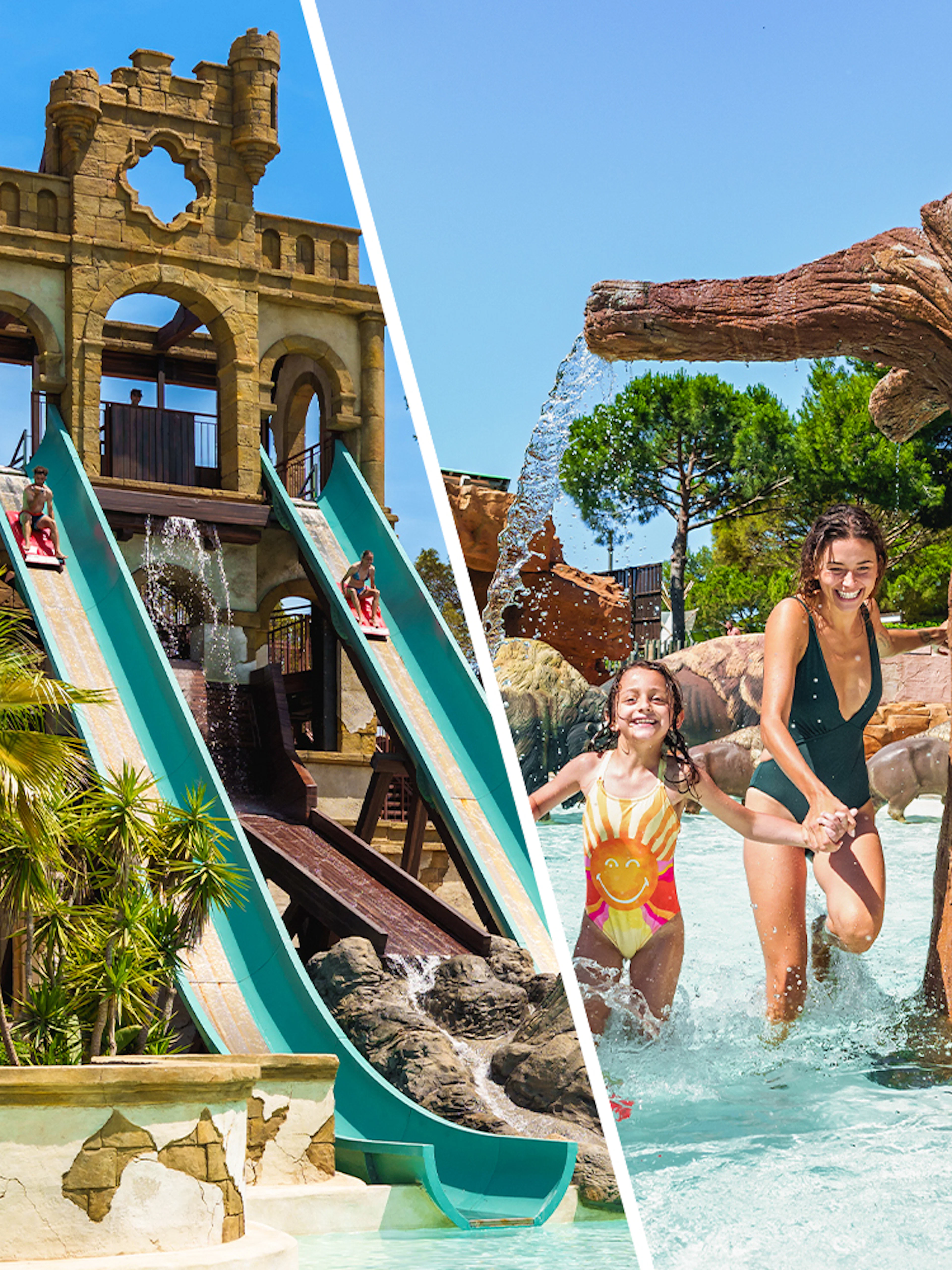 Banzai ride and splash area at Aqualand El Arenal with families enjoying water activities.