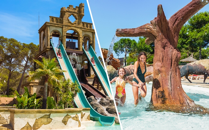 Banzai ride and splash area at Aqualand El Arenal with families enjoying water activities.