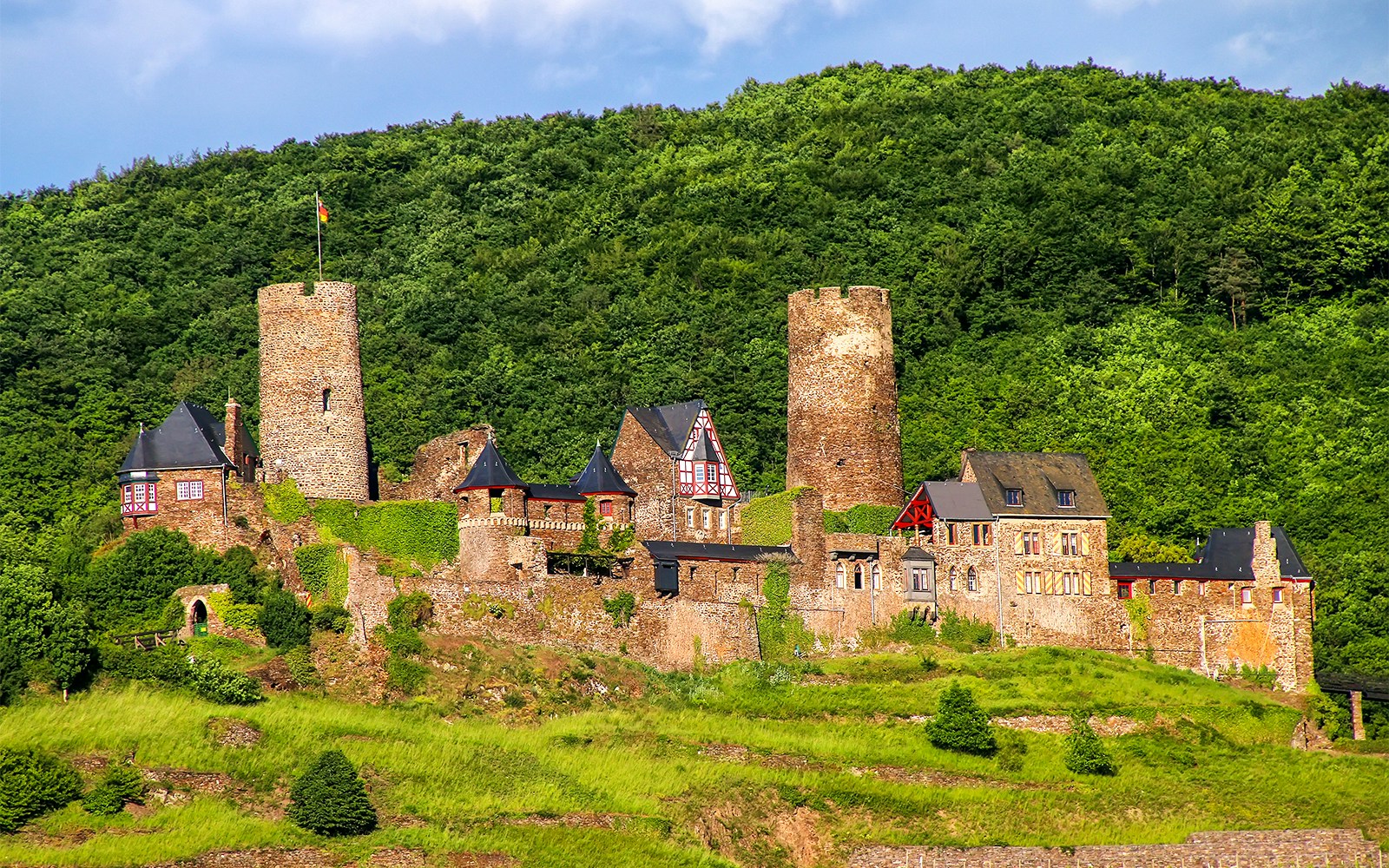 Burg Thurant im Vordergrund bei gutem Wetter mit grünen Bäumen im Hintergrund