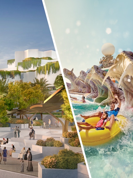 National History Museum Abu Dhabi exterior at sunset with visitors exploring the grounds.