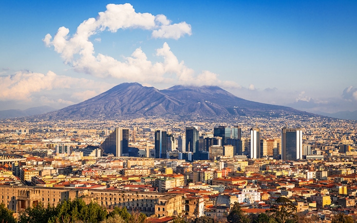 Naples cityscape with Mount Vesuvius in the background, Artecard Campania.
