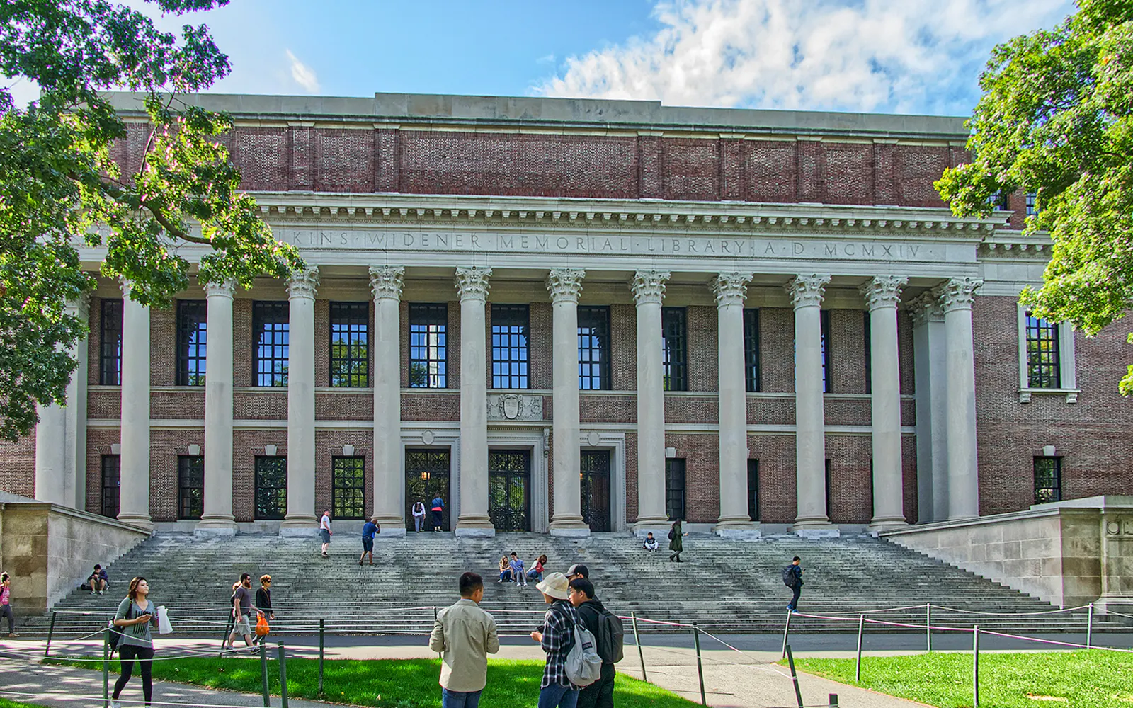 Widener Memorial Library facade with columns in Cambridge, Massachusetts.