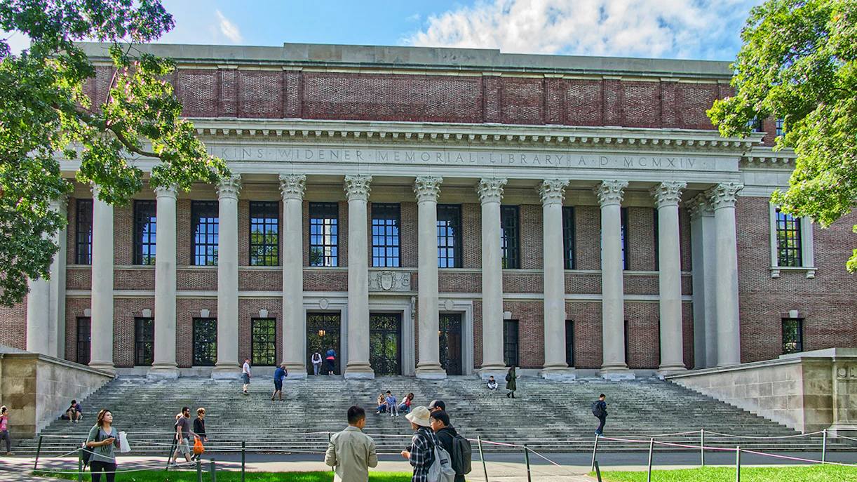 Widener Memorial Library facade with columns in Cambridge, Massachusetts.
