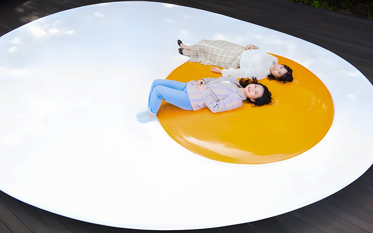 Visitors lying on a large egg sculpture at The Hakone Open-Air Museum.