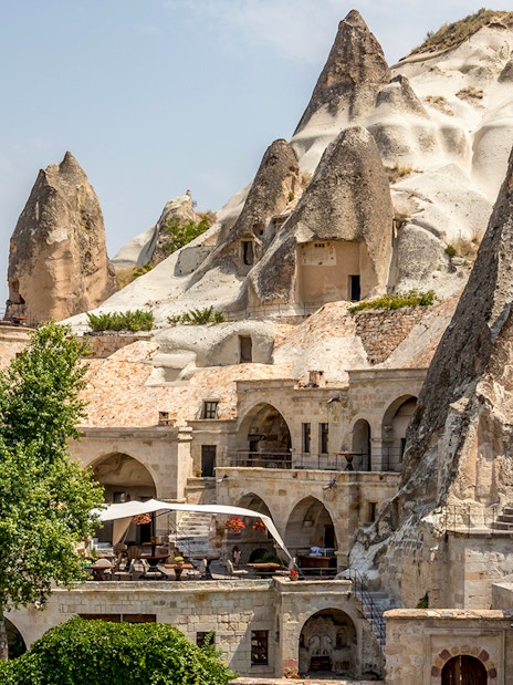 Goreme Open Air Museum rock formations and ancient cave dwellings in Cappadocia, Turkey.