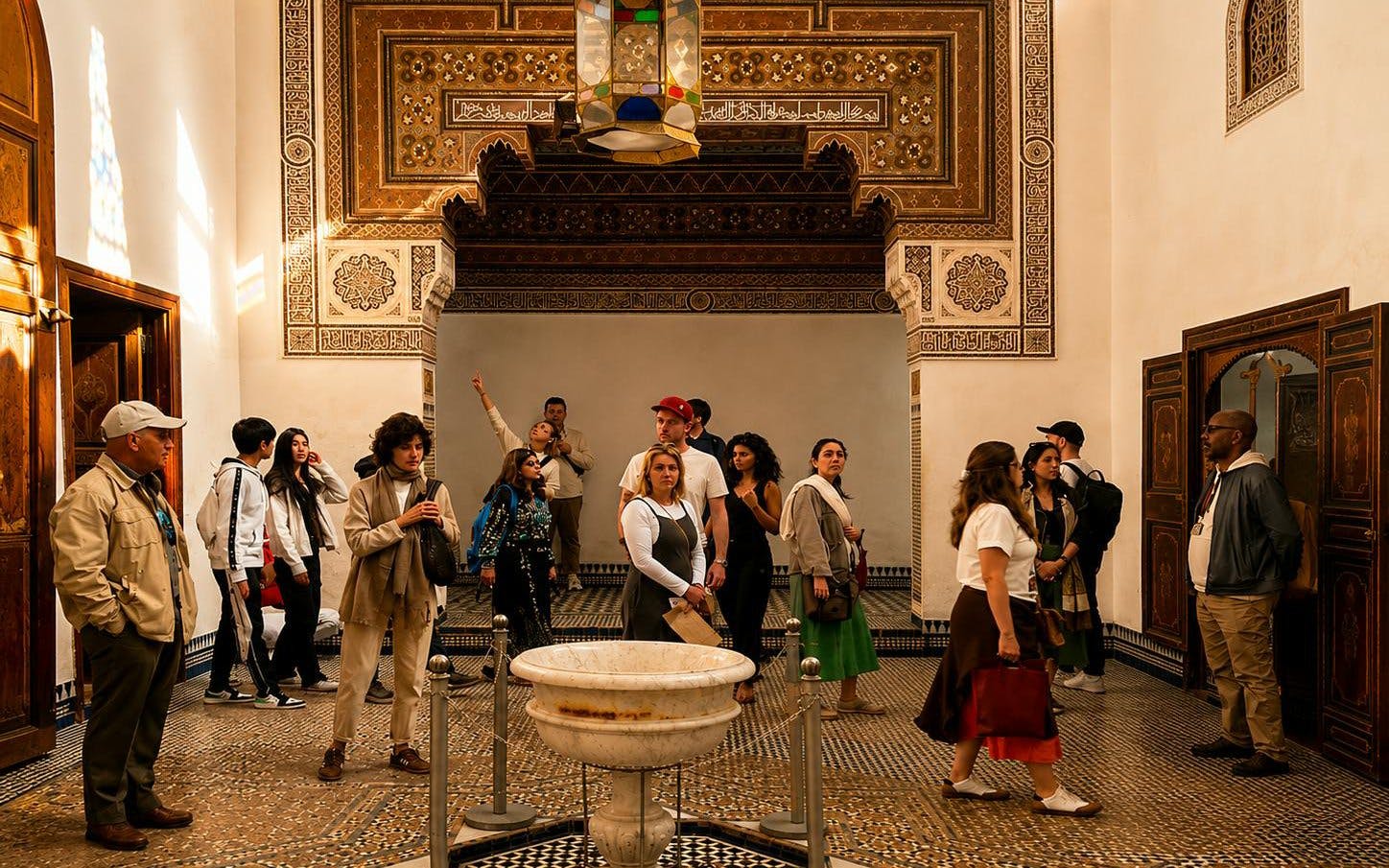 Tour group exploring ornate room in Bahia Palace, Marrakech.