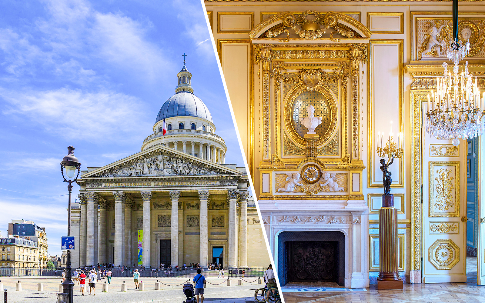 Paris Pantheon exterior and ornate interior details with golden decor.