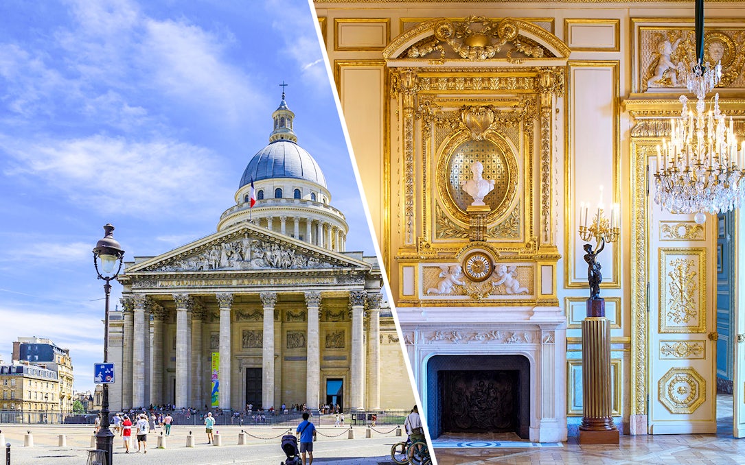 Paris Pantheon exterior and ornate interior details with golden decor.