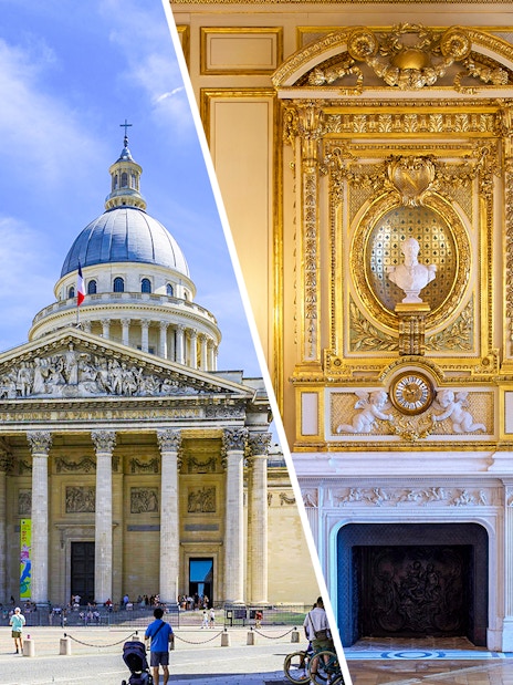 Paris Pantheon exterior and ornate interior details with golden decor.