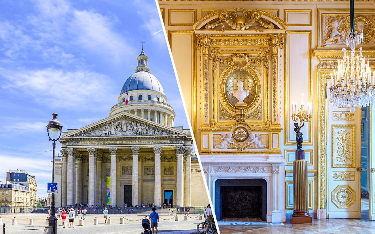 Paris Pantheon exterior and ornate interior details with golden decor.