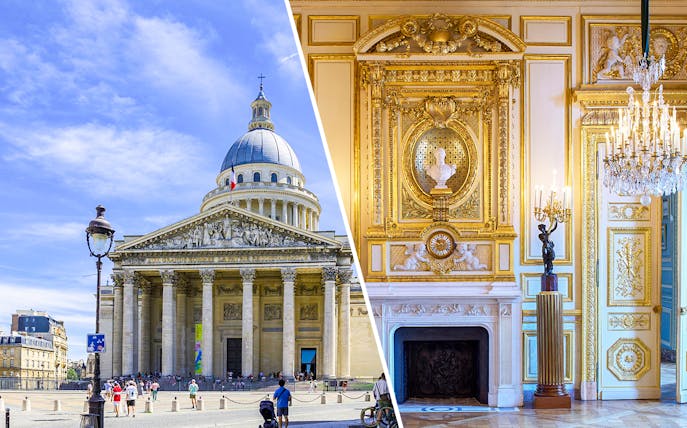Paris Pantheon exterior and ornate interior details with golden decor.