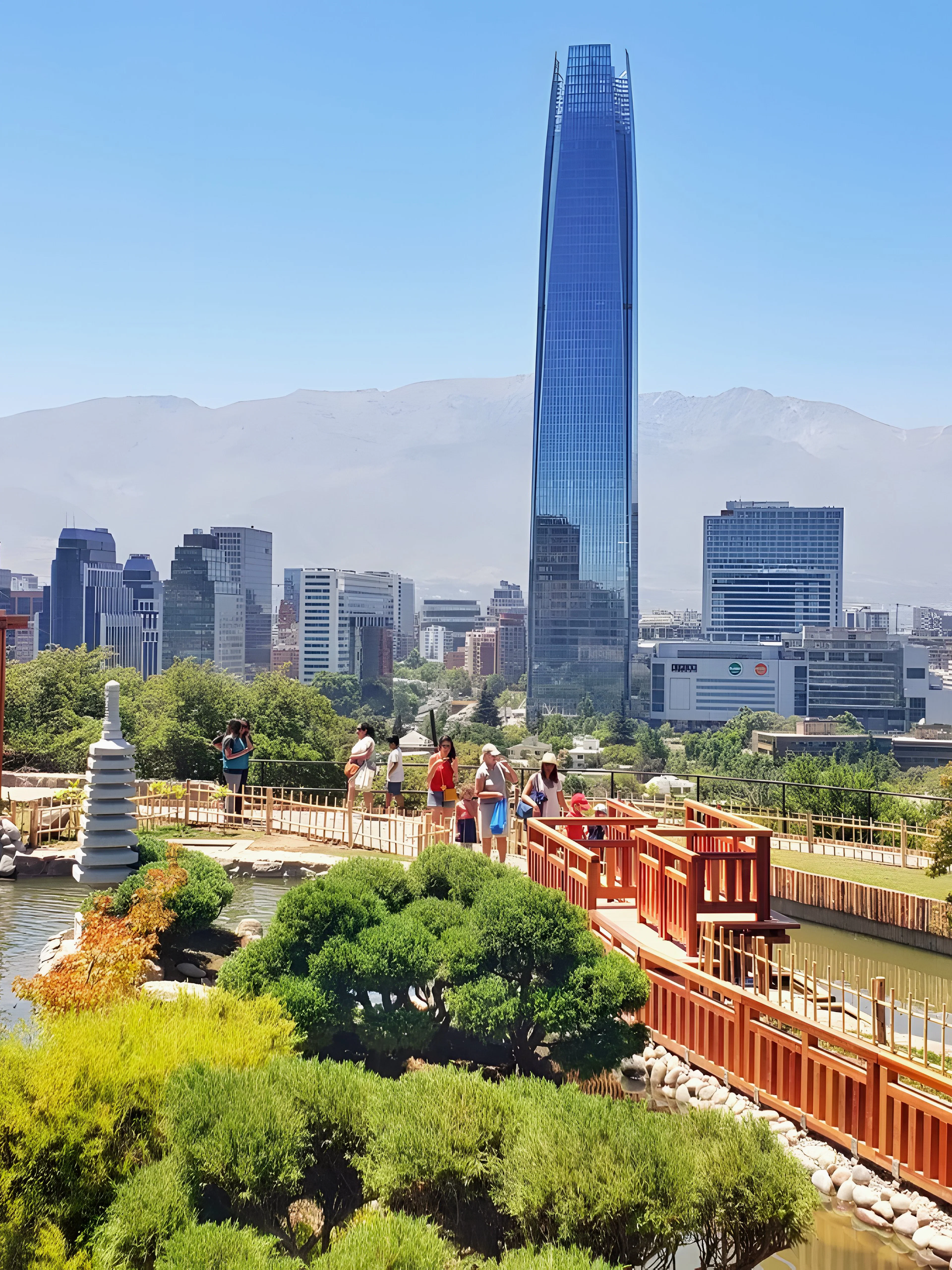 Jardín Japonés in Santiago with city skyline and Costanera Center in background.