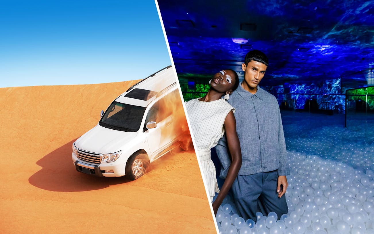 Desert safari jeep on sand dunes, Dubai, with AYA Universe tickets offer.