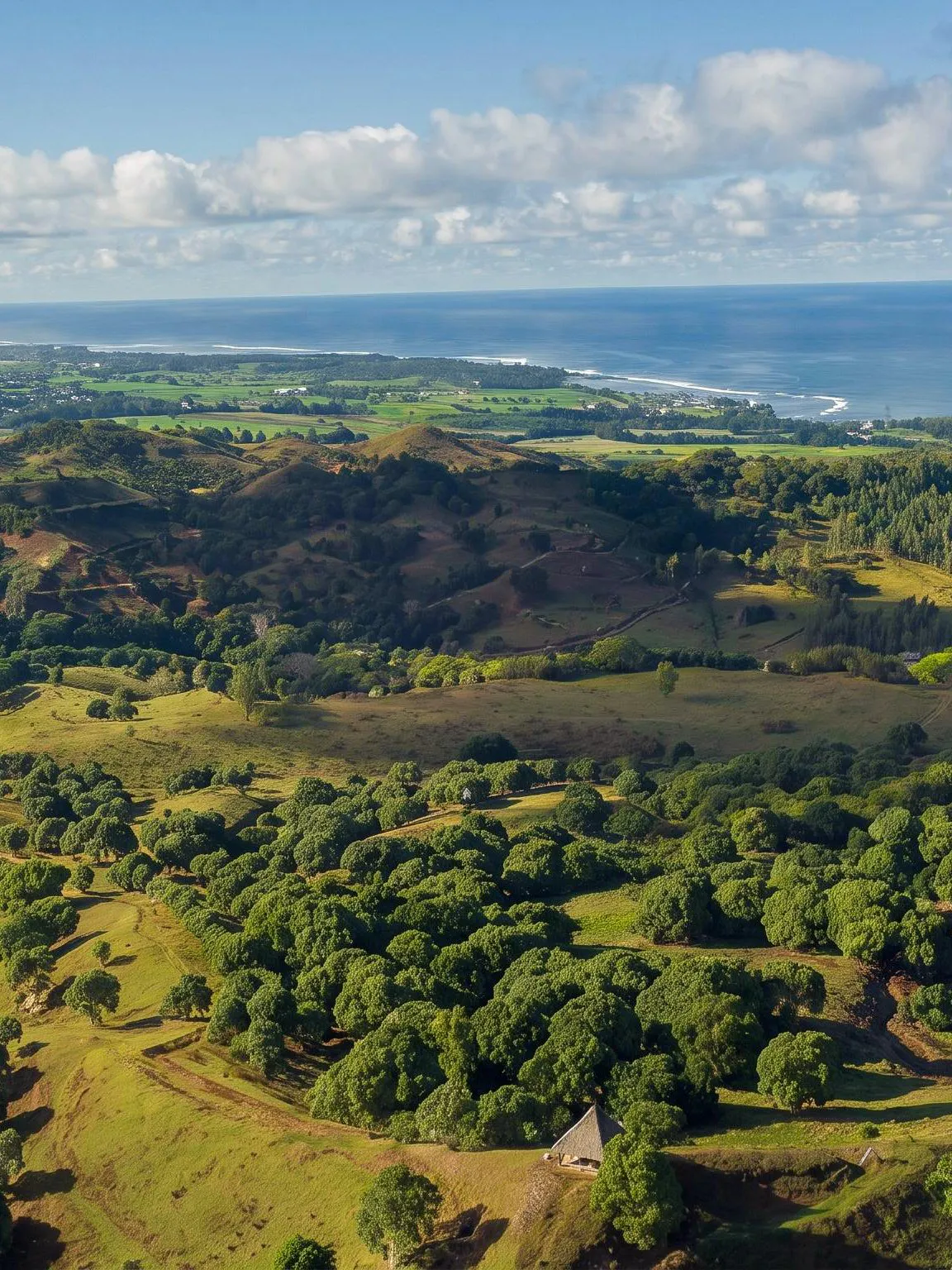Aerial view of lush landscapes and coastline at Bel Ombre Natural Reserve, Mauritius.