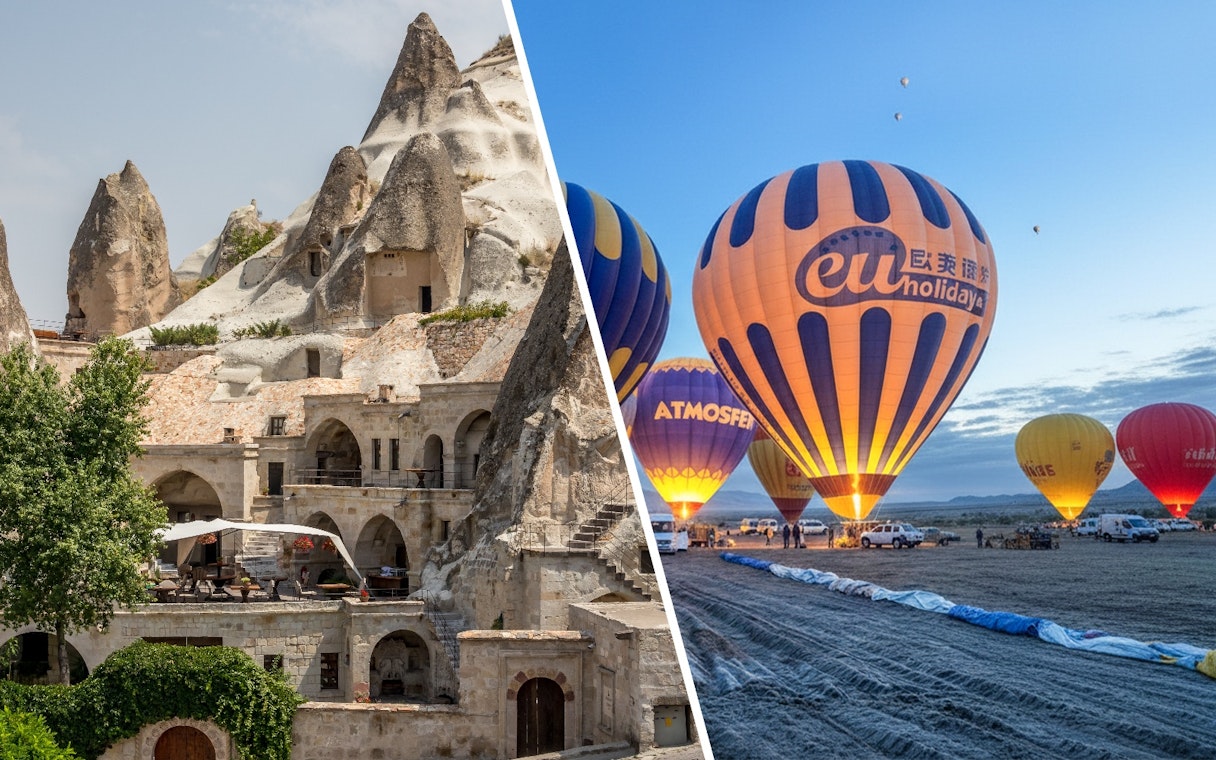 Goreme Open Air Museum rock formations and hot air balloons in Cappadocia, Turkey.