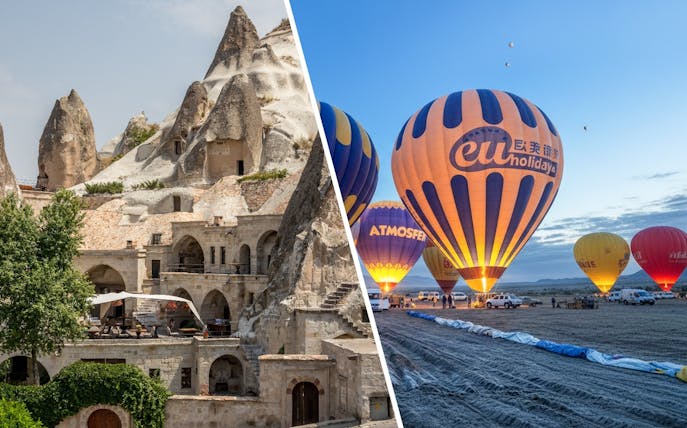 Goreme Open Air Museum rock formations and hot air balloons in Cappadocia, Turkey.