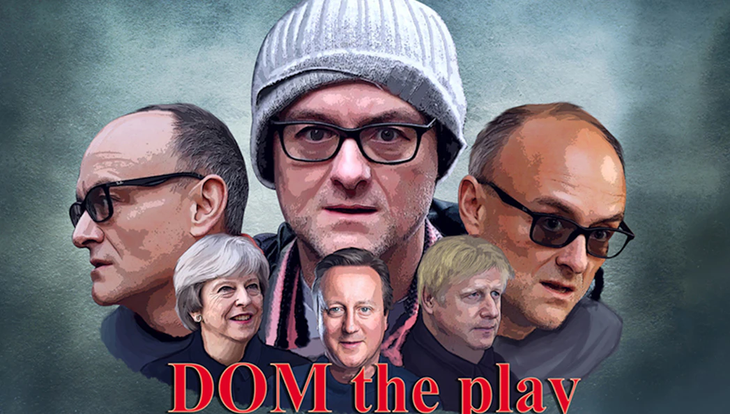 Illustration of characters from "DOM – The Play" with a central figure in a beanie.