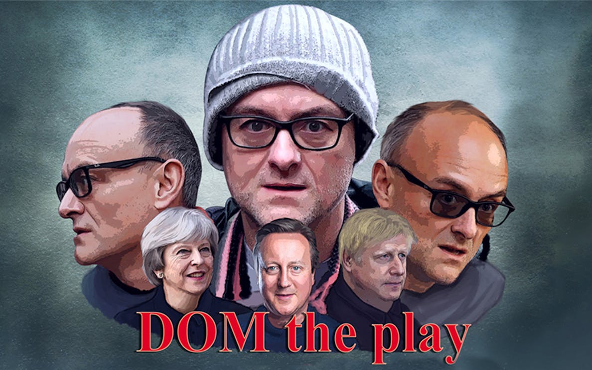 Illustration of characters from "DOM – The Play" with a central figure in a beanie.