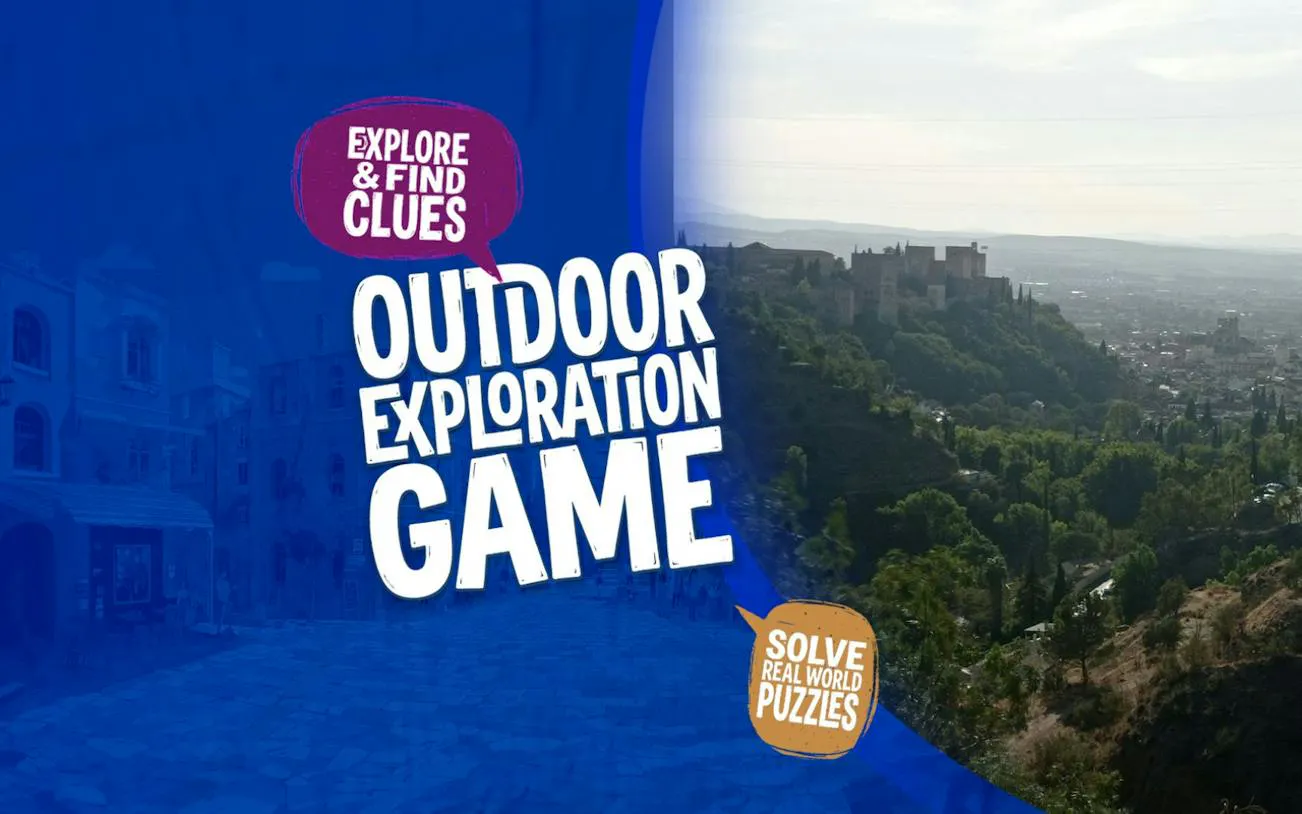 Granada cityscape with Alhambra, promoting self-guided exploration game in Sacromonte.
