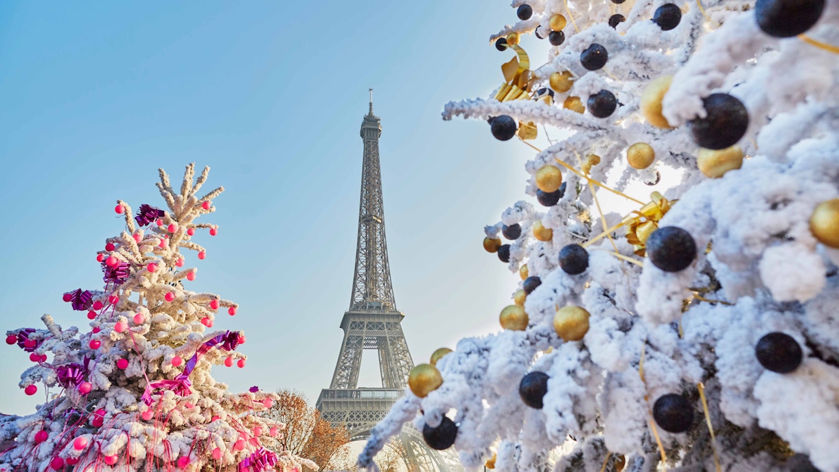 Eiffel Tower with decorated snowy trees in Paris during December.